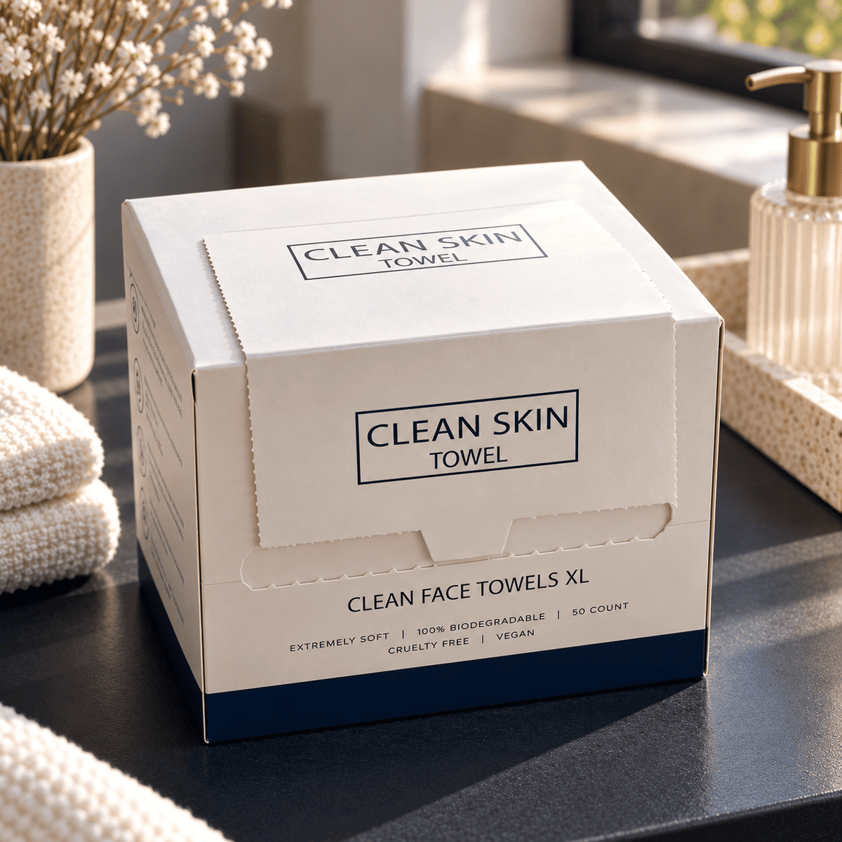 Vanulo Clean Face Towels XL – Box mit Einweg-Gesichtstüchern im Badezimmer